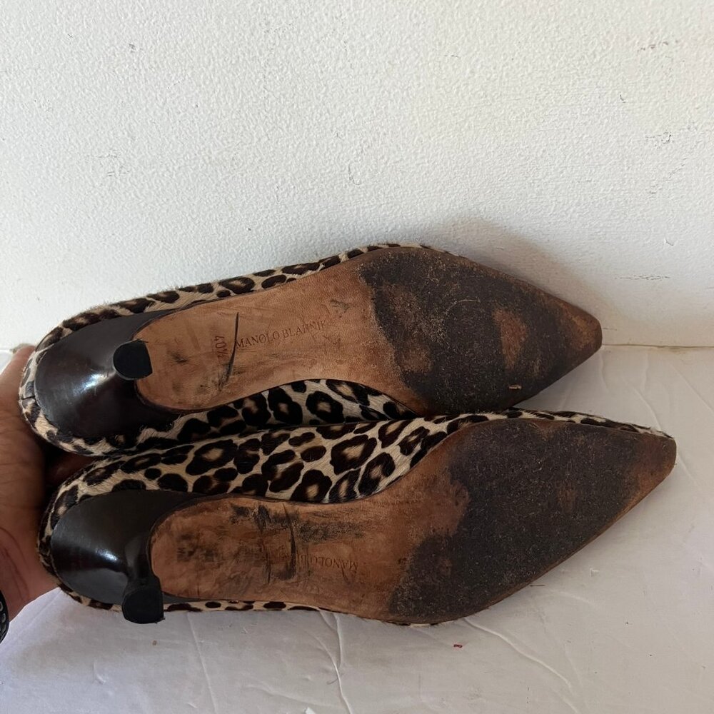 90'S VINTAGE MANOLO BLAHNIK PONY HAIR LEOPARD KITTN HEEL PUMP SZ 40.5 / 10.5 - Picture 7 of 8